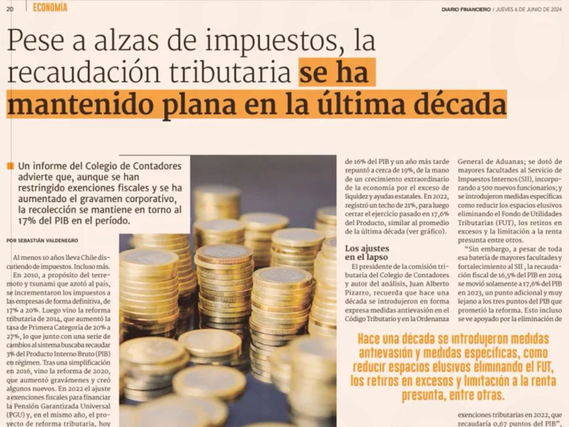 Diario Financiero publica resultados de informe sobre recaudación tributaria preparado por el Colegio de Contadores de Chile