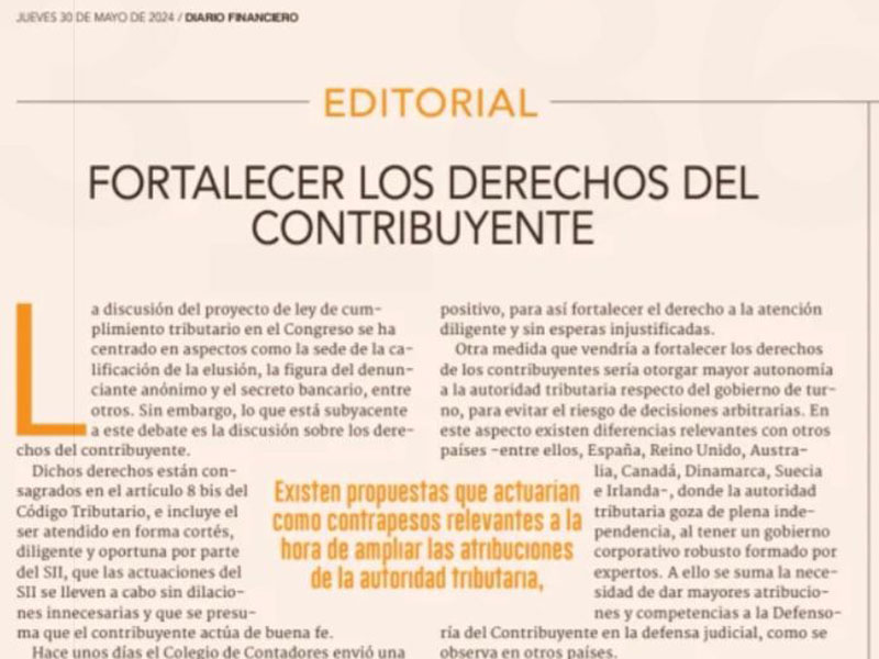 Editorial de Diario Financiero apoya propuestas del Colegio de Contadores sobre derechos de los contribuyentes.