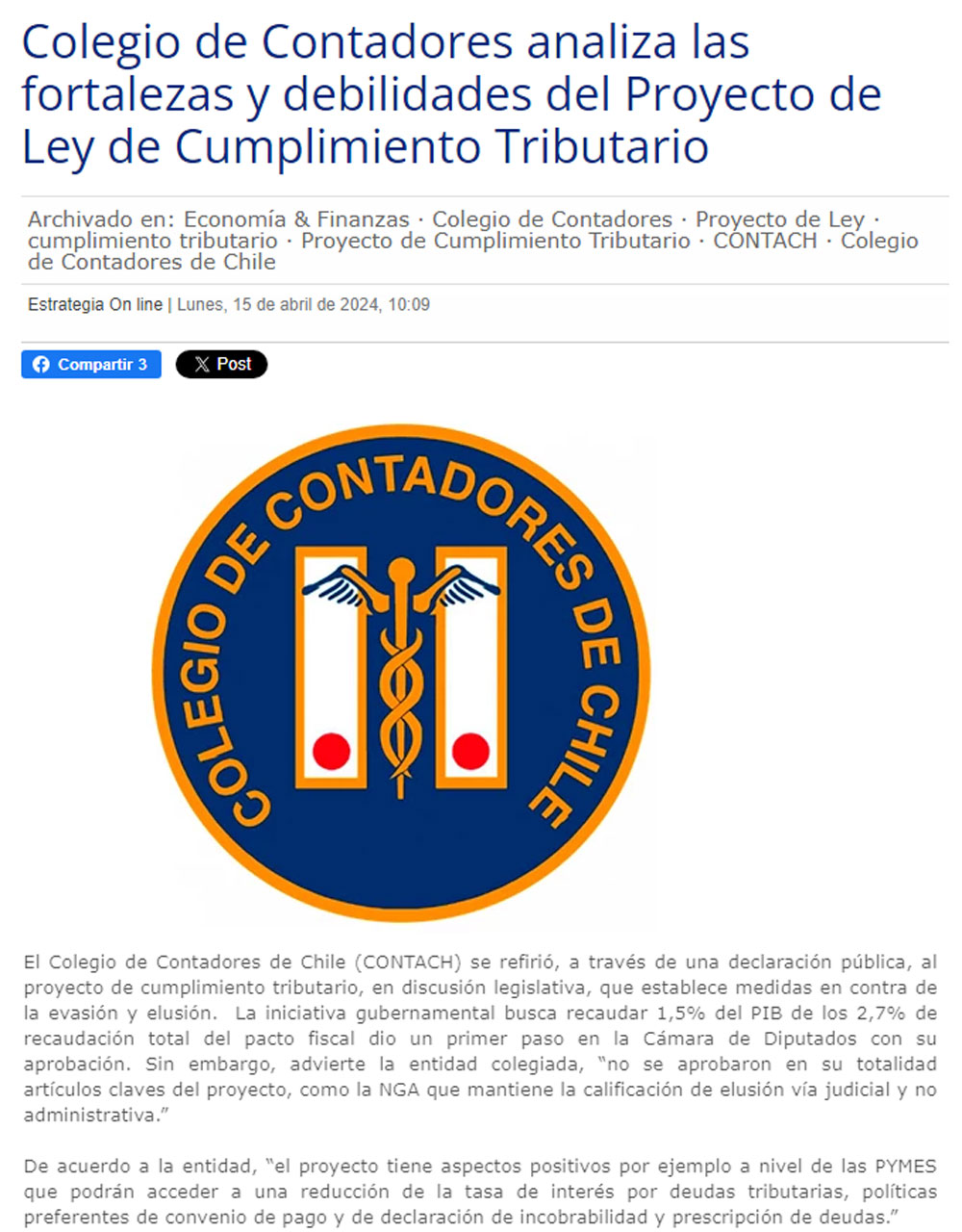 Colegio de Contadores analiza las fortalezas y debilidades del Proyecto de Ley de Cumplimiento Tributario